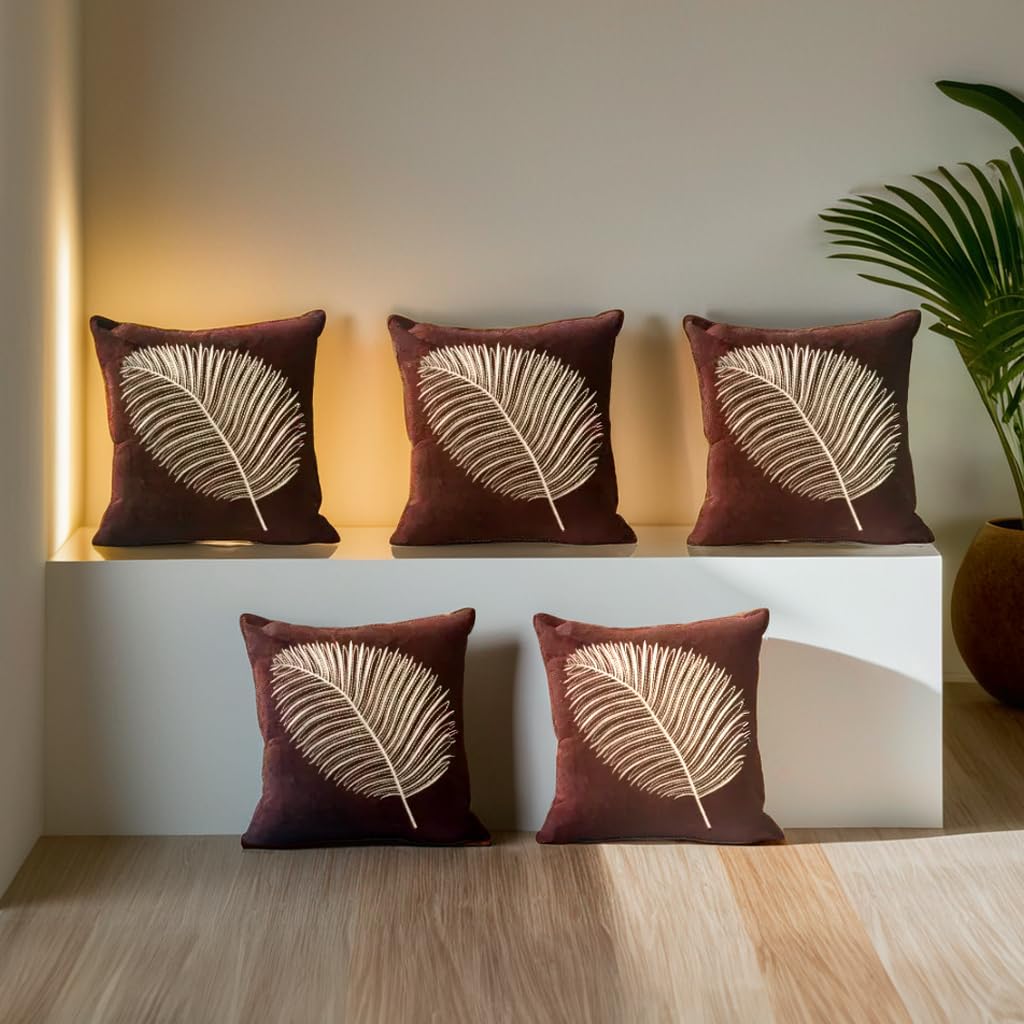 Decoghar | Brown Handmade Sofa Cushion Covers | Golden Zari Leaf Embroidered Square Throw Pillow Cushion Cover | 16 X 16 inch | Pack of 5 Visit the Decoghar Store
